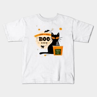 Boo Brew Halloween Cat Pumpkin Spice Coffee Latte Cup Kids T-Shirt